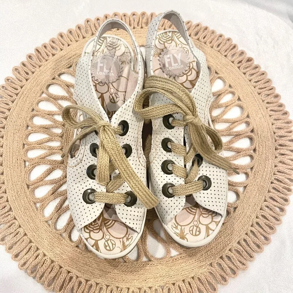 Fly London Ylva Ice Blue Perforated Leather Platform Wedge Sandals EU 40